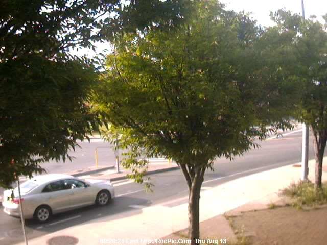 Monroe County Rochester NY New York Image, Monroe Avenue And Oxford Street Webcam. Four Way Intersection, Traffic Lights, Crosswalks In The Foreground, Tree Lined, Corpus Christi School at Blessed Sacrament, Extends From The Church, Filling The Background. Excellent Night Viewing. Click Image To Enlarge To 640 X 480